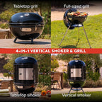 Megamaster Vertical 18 Inch Charcoal BBQ Smoker, 4-in-1 Portable Outdoor Grill with Adjustable Air Vent, 600 SQ. In Cooking Area, Built-in Temperature Gauge, BBQ Grill for Camping, Picnics - 810-36014