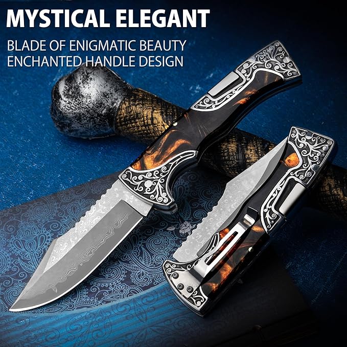 VALHALLA MAGE Damascus Pocket Knife, 3.5'' Sharp Blade Pocket Folding Knife with Back Lock, Cool EDC Pocket Knife with Clip For Men Collector