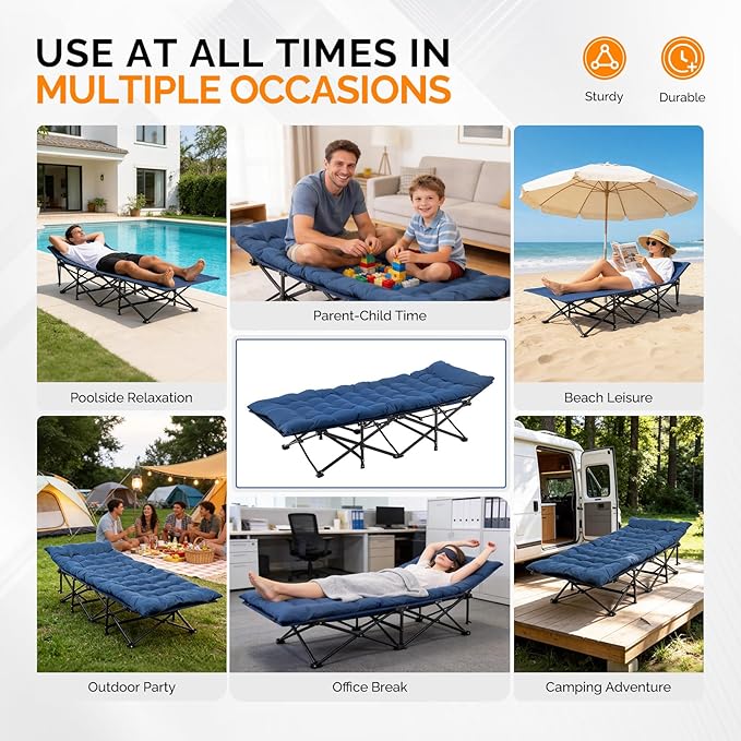 VINGLI Folding Camping Cot Bed,Camping Cots for Adults with Mattress, Foldable Cots for Sleeping with Pillow 1200D Layer Oxford for for Guest,Travel,Hiking-Blue 1P