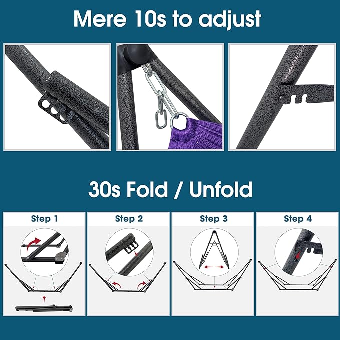 Tranquillo Collapsible Hammock Stand, Folding Camping Hammock and Stand, 600 lbs Capacity Double Hammock Stand for 2 Persons, Heavy Duty Folding Hammock for Indoor Outdoor, Quick Assembly, Purple