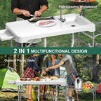 42.5" Fish Cleaning Table with Dual Sink, Portable Folding Camping Table with Foldable Extension Stand, Faucet, Sprayer, Grid Rack, Hose Hook Up & Knife Groove, Outdoor Sink Station for Picnic