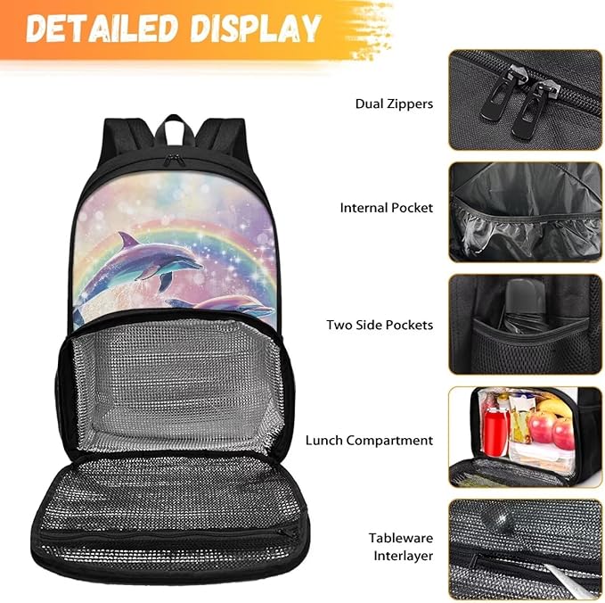 17 Inch Travel Laptop Backpack for Women, Middle-School Elementary Student Bookbags Large Capacity Casual Hiking Outdoor Daypack with Multi Pockets, Rainbow Dolphin