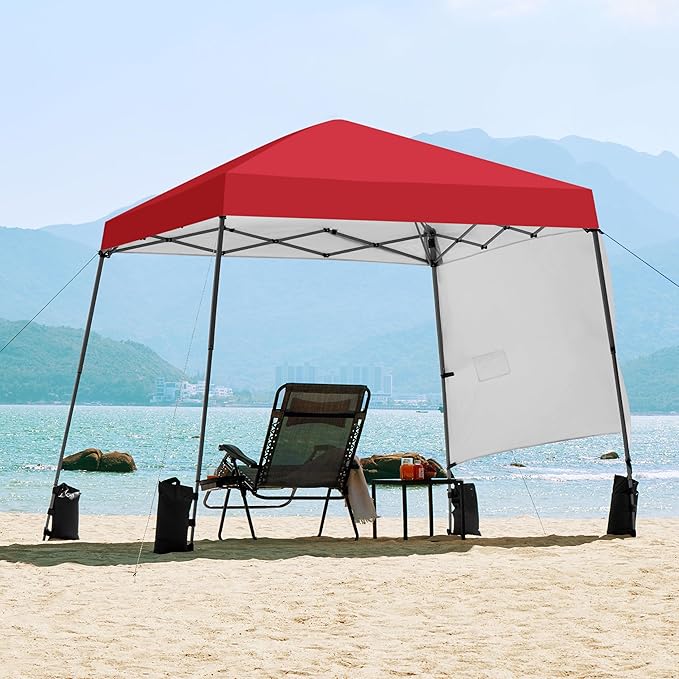 Yaheetech Pop Up Canopy Tent with Backpack, 10x10 Base Portable Easy One Person Setup Folding Shelter Compact Lightweight Slant Leg Canopy with 1 Sidewall, 8x8 Top, Red
