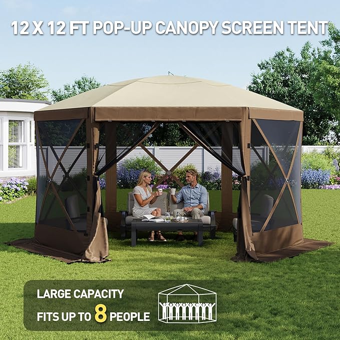 Aoxun 12x12FT Pop Up Canopy Tent, 6-Sided Pop-up Gazebo Screen Tent with Mesh Windows, Outdoor Canopy Shelter Tent with Carrying Bag, Large Shade Tents for Camping, Backyard, Patio, Lawn, Brown