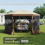 Aoxun 12x12FT Pop Up Canopy Tent, 6-Sided Pop-up Gazebo Screen Tent with Mesh Windows, Outdoor Canopy Shelter Tent with Carrying Bag, Large Shade Tents for Camping, Backyard, Patio, Lawn, Brown