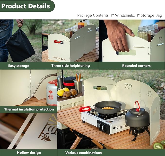Outdoor Wind Deflector,Cassette Stove Folding Wind Deflector, Steel Windproof Hood for Stove, Gas Stove Wind Deflector, Camping Thickened Stove Ring, Portable 4 Plates Wind Blocker (Green)