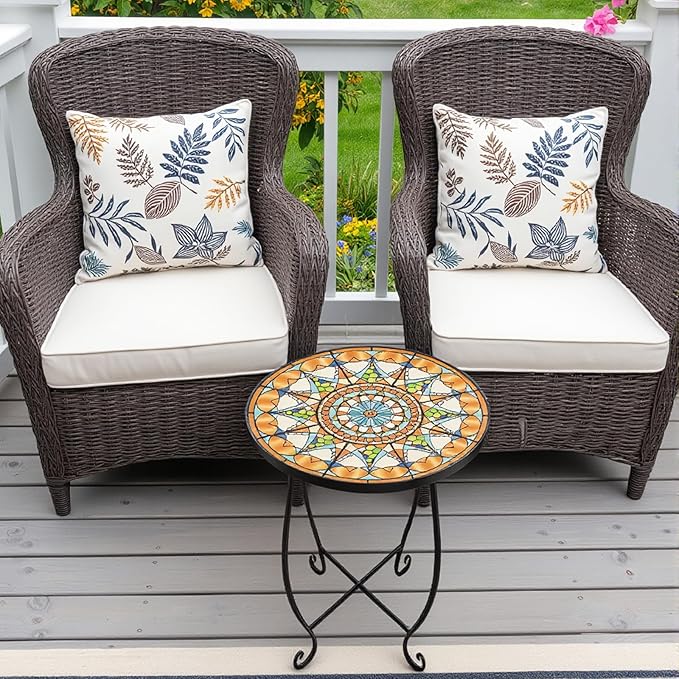 Mosaic Outdoor Side Table Round, 15 Inch Height - Small Patio Table, Foldable Sun Pattern Metal Plant Stand for Garden, Balcony, Porch & Camping (Mosaic Sun)