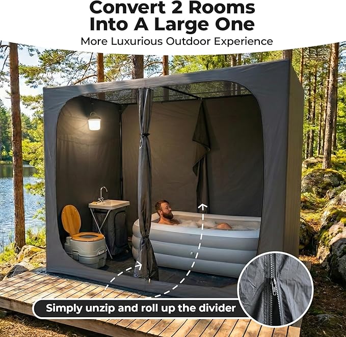 EighteenTek® Shower Tent Camping, 2-Room Portable Changing Room, Outdoor Shower Enclosure, Pop Up Privacy Tent Shelter with Floor & Doors, Waterproof & Lightweight, Camping Toilet Bathroom