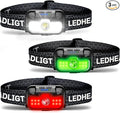 3-Pack LED Headlamp Rechargeable with Green & Red Light -1300 Lumen Ultra-Bright Flashlight Headlight for Camping, Running, Hiking, Fishing - Waterproof with 7 Modes