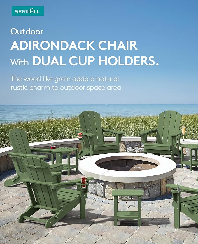 SERWALL Adirondack Chair with Cup Holders - Composite Adirondack Chairs Set of 2 HDPE Outdoor Chairs All Weather Use- Avocado