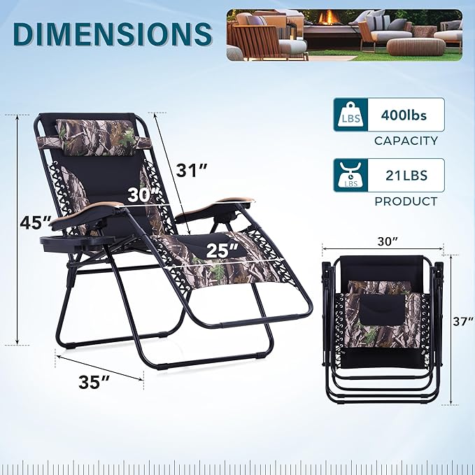MFSTUDIO Zero Gravity Chairs, Oversized Patio Recliner Chair, Padded Folding Lawn Chair with Cup Holder Tray, Support 400lbs, Camouflage
