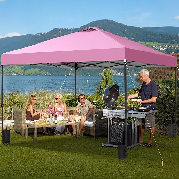 GDY 12x12 Pop Up Canopy Patio Carpas, One Push Set up with Central Lock Canopy with Wheeled Carry Bag, Included 4 Sandbaogs,8 Stakes and 4 Ropes, Pink
