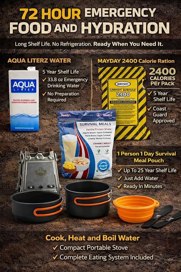 Sustain Supply 4-Person Emergency Comfort Kit – 72-Hour Survival Backpack w/Long-Shelf Food & Water, First Aid, Lighting, Tools & Emergency Supplies for Disaster Preparedness