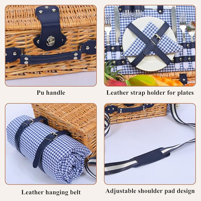 Picnic Basket for 2 with Blanket, Willow Picnic Basket Set with Shoulder Strap&Wine Pouch, Large Willow Hamper with Insulated Cooler for Outdoor, Camping, Beach, Couples, Wedding Gift