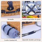 Picnic Basket for 2 with Blanket, Willow Picnic Basket Set with Shoulder Strap&Wine Pouch, Large Willow Hamper with Insulated Cooler for Outdoor, Camping, Beach, Couples, Wedding Gift