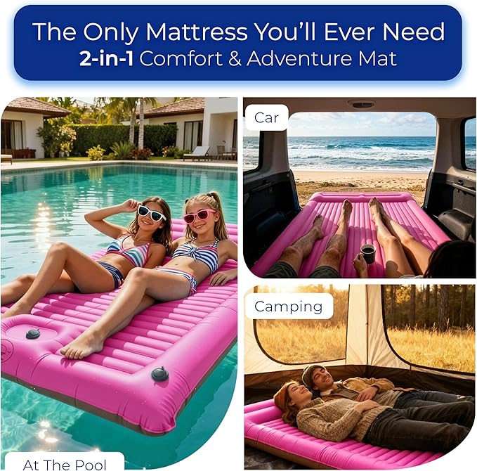 Premium Double Sleeping Pad for Camping - Camping Mattress 2 Person XL with Built-in Pump - 6.9" Thick Camping Beds for Adults - Indoor, Beach & Pool Use