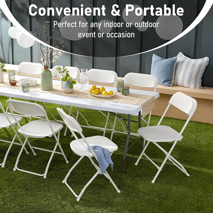 8ft Heavy Duty Portable Folding Table - Plastic Dining Table Indoor/Outdoor White Plastic Table for Parties, BBQs, and Camping