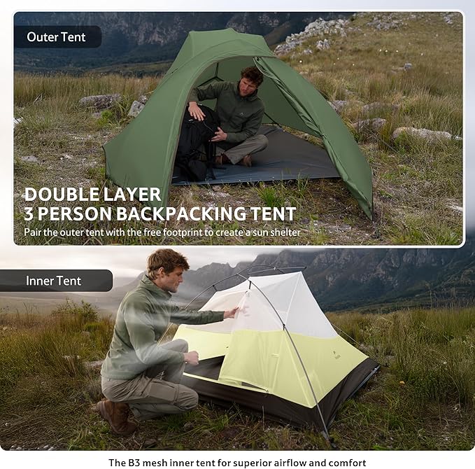 Naturehike Cloud Up 3 Person Backpacking Tent with Footprint - 3 Season Free Standing Lightweight 3 Person Camping Tent | with Footprint, Free Standing, Dome, Camping, Hiking, Waterproof