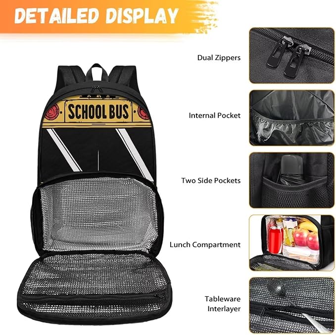 School Bus 17 Inch Kids Casual Backpacks with Insulated Cooler Lunch Compartment Lightweight Elementary Students Knapsack Primary Middle High School Bookbag