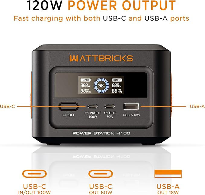 120-Watt Peak With 99.2Whr Portable Power Station, Airline Approved, USB-C 100W, Solar Generator Power Supply for Home Camping RV, Emergency (H100)