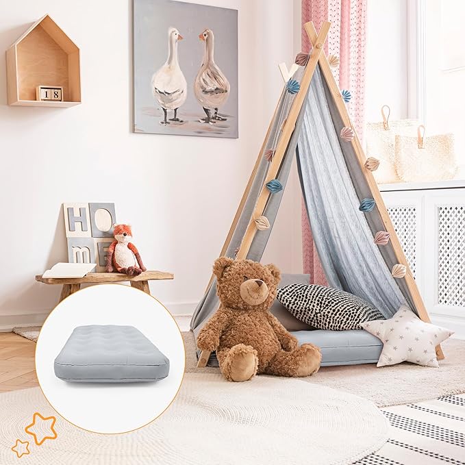 Geetery Kids Air Mattress Toddler Inflatable Airbed 55x27.6x8.7 Inch Foldable Comfort Flocked Blow up Bed with Patch Kit Portable Sleepover Mattresses for Home Travel Camping Party(Gray, 4 Pcs)
