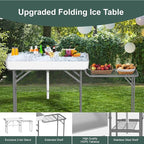 Ice Cooler Table with Foldable Extension Stand, 4 Foot Outdoor Ice Table with Matching Skirt & Drain Hose, Folding Cooler Tables with Metal Shelf for Party, BBQ, Camping Picnic, White