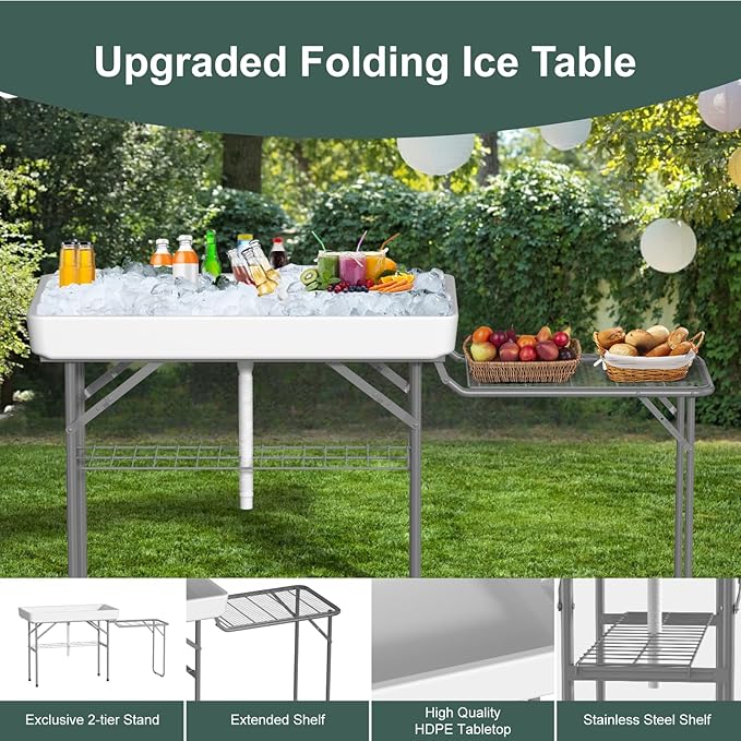 Ice Cooler Table with Led Light, 4 Foot Outdoor Ice Table with Foldable Extension Stand, Matching Skirt & Drain Hose, Folding Cooler Tables with Metal Shelf for Party, BBQ, Camping Picnic