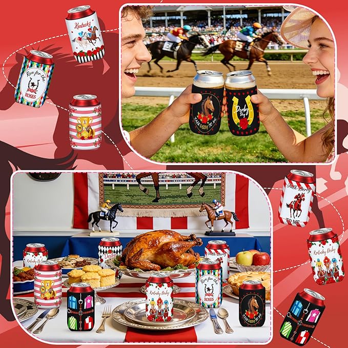 Kentucky Horse Derby Can Cooler Sleeves, 18-Pack Neoprene Derby Beverage Coolers Derby Party Supplies with 9 Unique Designs for Beverage Insulation Cup Decorations