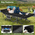 Slendor Camping Cot, Folding Camping Cots for Adults, Portable Sleeping Cot with Carry Bag, 1200D Double Layer Oxford, Camp Cot Bed for Guest Travel, Hiking, Support 500lbs, Black