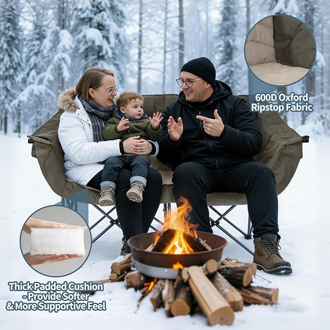 Oversized Double Camping Chair for Adults - Heavy Duty Folding Loveseat Support 700 lbs, Extra Wide 2 Person Camping Couch with Thick Padding, Cup Holders & Storage Bag, Green
