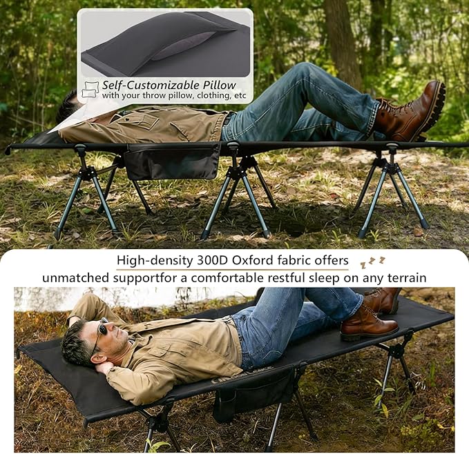 MOON LENCE Height Adjustable Camping Cot - Supports 330 lbs, Portable Folding Bed with Leg Extenders for Camping, Hiking, Sleeping, 1 Pack, Black