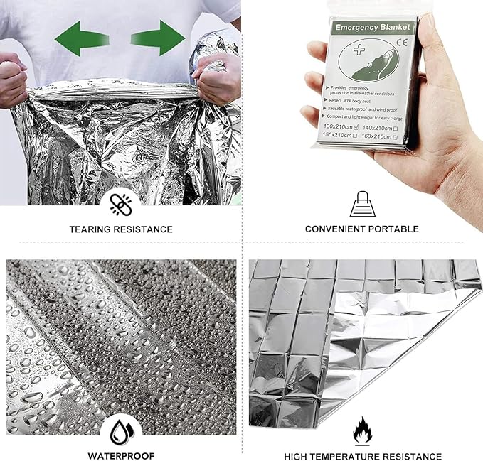 Emergency Foil Blanket (Pack of 100), Survival Thermal Mylar Blankets Individually Packaged, 51 x 83 Inches, Silver, Perfect for Outdoors, Hiking, Marathons or First Aid
