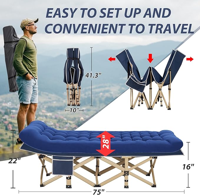 Folding Camping Cot for Sleeping, Portable Cots for Adults, Heavy Duty Cot Bed 550LBS(Max Load), Extra Wider Cots with Large Pocket for Outdoor, Office, Beach
