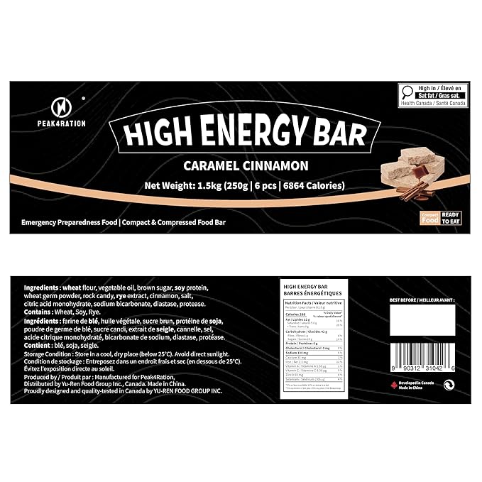 PEAK4RATION High Energy Bar | Compact Compressed Food Bar - Caramel Cinnamon 6864kcal | Long Shelf-Life Emergency Food Ration - 6 Day Package 1.5kg (6x250g Box) | Survival Preparedness Food Bar for Outdoor Camping, Crisis, Earthquake, Wildfire, Home Pr...