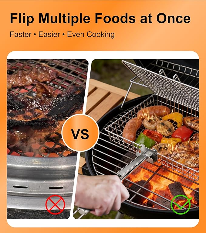 Grill Basket Set for Outdoor Grilling - Large Capacity Fish Grill Basket & Grilling Rack - Food Grade Stainless Steel Portable Flat Basket with Removable Handle for Vegetables, Shrimp & Camping (XL+L)