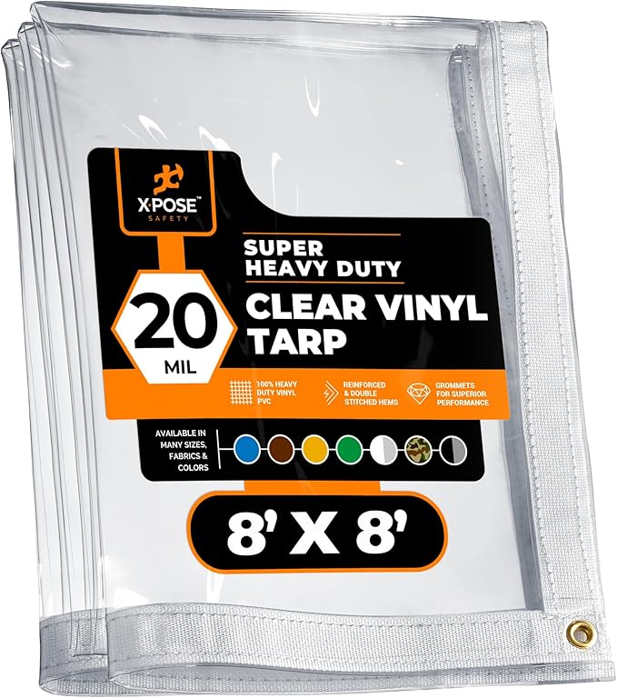 8' x 8' Clear Vinyl Tarp - Super Heavy Duty 20 Mil Transparent Waterproof PVC Tarpaulin with Brass Grommets - for Patio Enclosure, Camping, Outdoor Tent Cover, Porch Canopy - by Xpose Safety