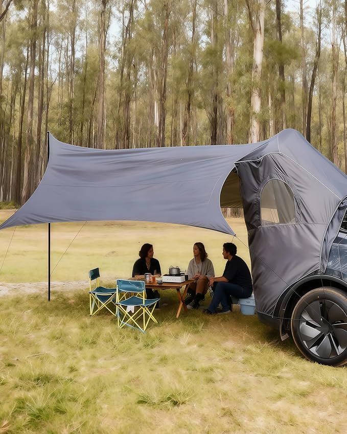 Camping Tent with Canopy for Tesla Model Y Juniper Accessories 2025 2026 [UPF50+ & Waterproof PU 3000mm] 420D Oxford Fabric Car Tailgate Shade Awning with Screen Net for 7-8 Person - Grey