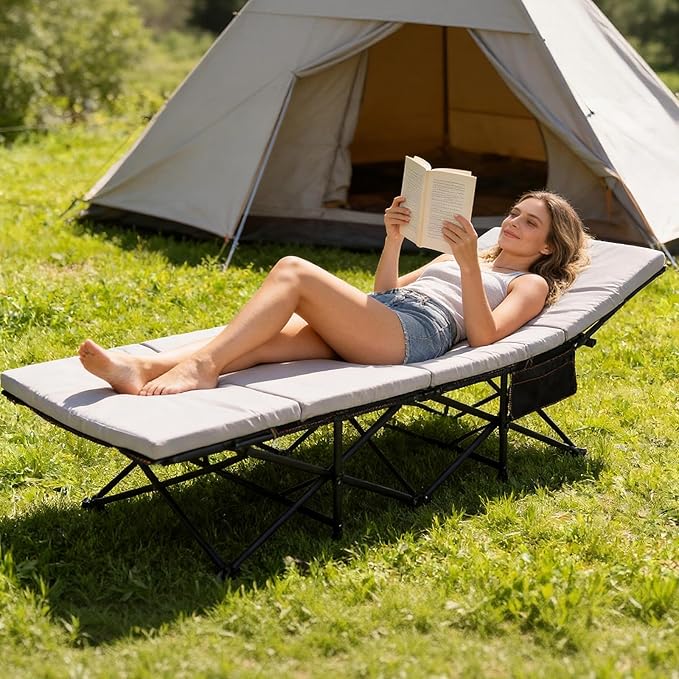 Slsy Oversized Camping Cot with 2" Memory Foam Mattress, Upgraded Padded Folding Cot Bed with Carry Bag, Portable Sleeping Cot for Camping, Travel, Beach & Hiking