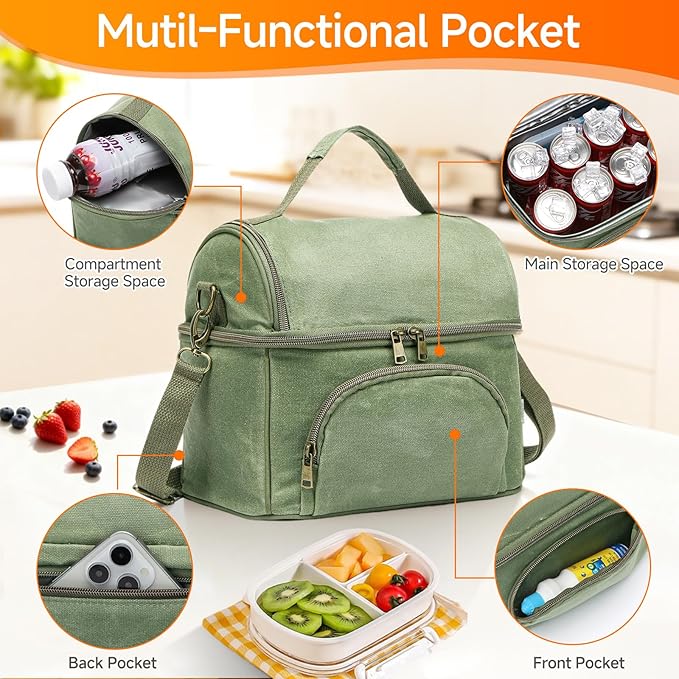 Mens Lunch Box with 2 XL icepacks,Sturdy Waxed Canvas Insulated Lunch Bag for Adult, 2 Compartment Soft Cooler Bag For Work, Picnic, Travel, Outdoors (10.5L) 10"x7"x9.5" (London Green)