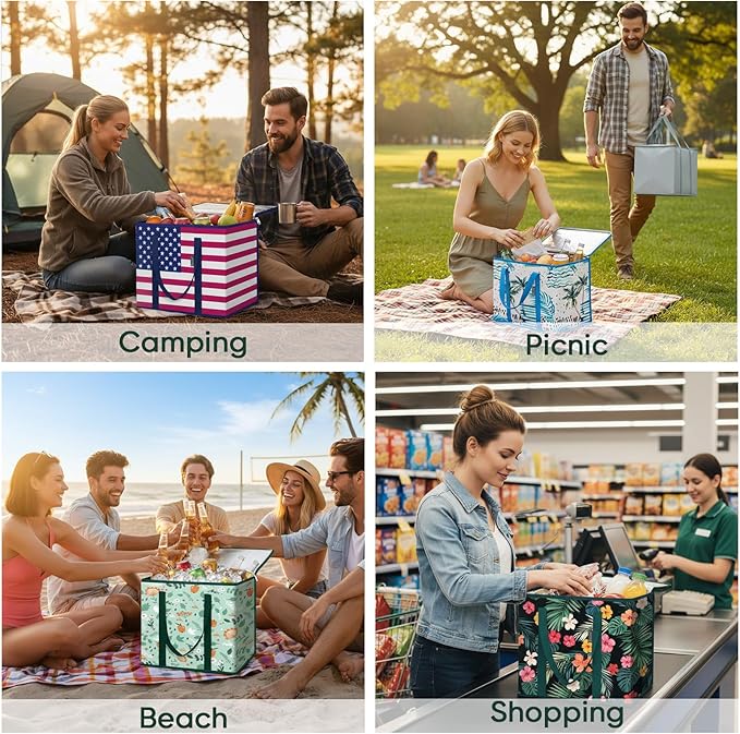 BALEINE 2PK Insulated Reusable Grocery Bags, Collapsible Cooler Bag for Groceries, Heavy Duty Large Insulated Bag (16''x9''x13'', Blossom Season)