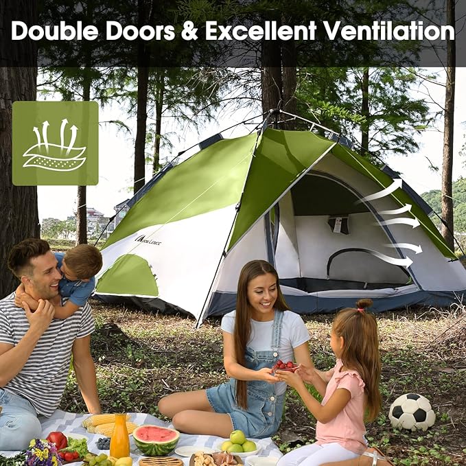 MOON LENCE Pop Up Tent 3-4 Person, 60s Instant Setup Camping Tent with 2 Doors, Water-Resistant & Windproof Dome Tent for Car Camping, Backyard, Traveling