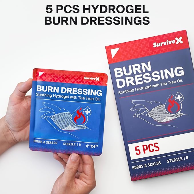 Hydrogel Burn Dressings with Tea Tree Oil - 4x4" Sterile Non-Stick Burn Pads - Emergency First Aid for Instant Cooling, Soothing & Relief - 5 Pack