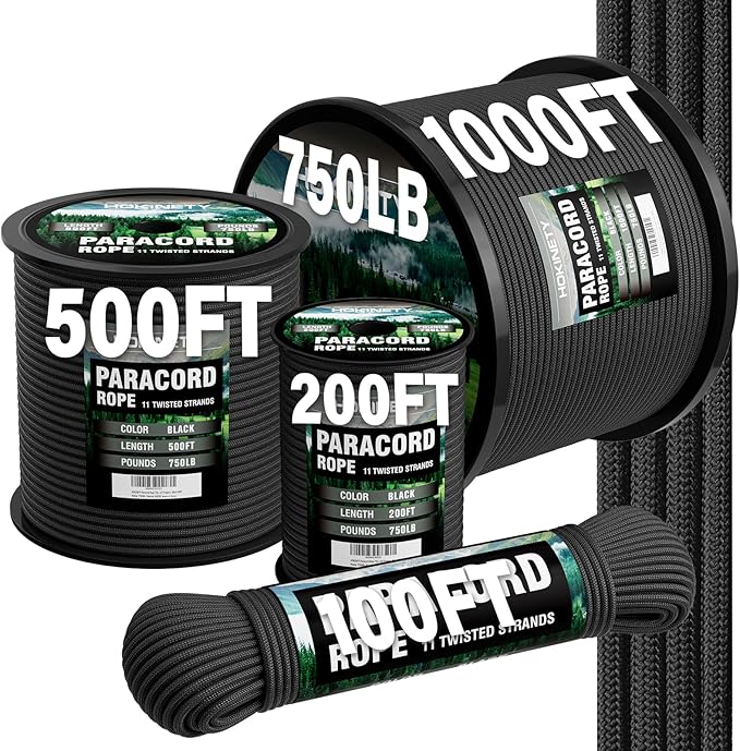 Paracord Rope 750 - Parachute para Cord 4mm 11 Strand Spool Rope Utility Nylon String for Outdoor Camping Survival Utility Tent Crafting DIY Projects - Black 500ft