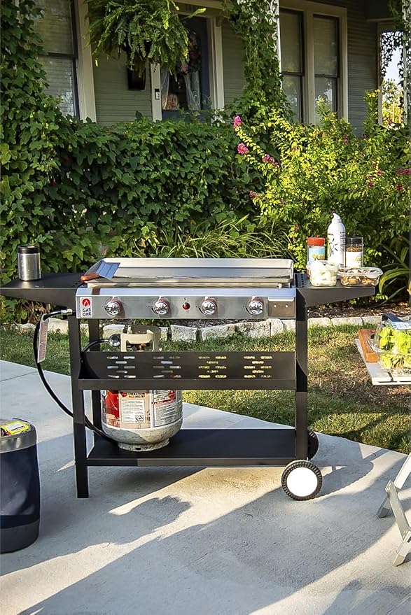 Gas One Flat Top Grill With 4 Burners - Premium Propane Outdoor Grill Cart - Stainless Steel Auto Ignition Camping Griddle - Easy Cleaning Cooking