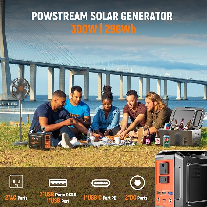 POWSTREAM 296Wh Portable Power Station with Solar Panel 60W Kit Solar Generator with Panels Included AC Outlet 300W Pure Sine Wave Solar Power Bank for Camping Home Power Outage Hunting Outdoor RV Van