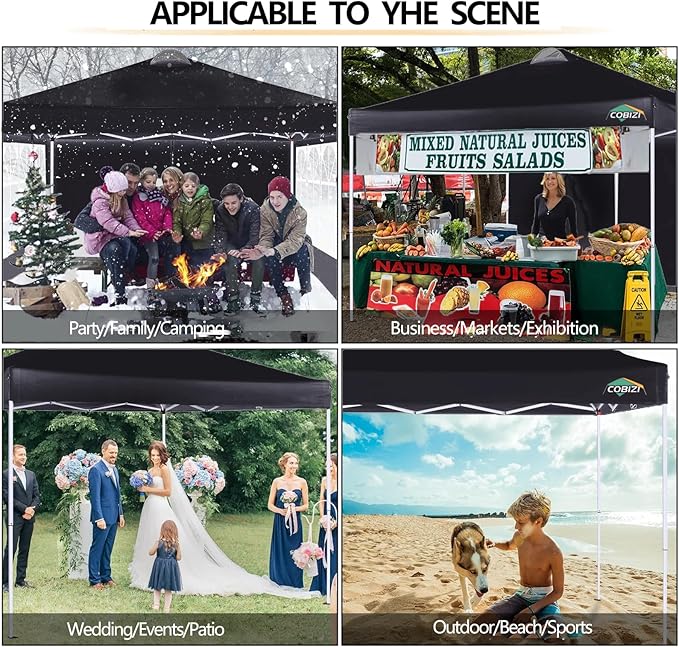 COBlZI 10x10 Pop Up Canopy Tent with 4 Removable Sidewalls, Waterproof Commercial Easy Adjustable Gazebo Tent with Air Vent, 4 Sandbags, 4 Stakes & 8 Ropes（Outdoor Tents for Parties/Exhibition,Black