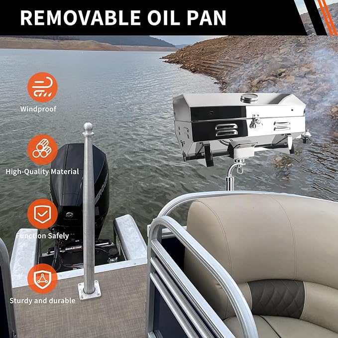 Boat Grill, 304 Stainless Steel Marine Grills w/Rod Holder Mount, Portable Propane BBQ for Boats & Tailgating & Camping, Built in Thermometer (Grill)