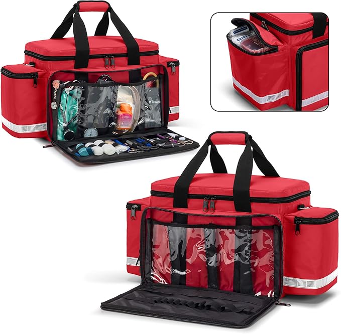 Trunab Emergency Responder Trauma Bag Empty, Professional First Aid Kits Storage Medical Bag with Inner Dividers and No-Scratch Bottom, Ideal for EMT, EMS, Paramedics, Red, BAG ONLY