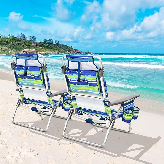 Giantex Folding Beach Chair, Patio Sling Chairs with 5 Adjustable Position, Head Pillow, Storage Bag, Towel Bar, Cup Holders, Backpack Chairs for Sunbathing, Camping Chair