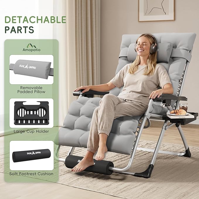 Amopatio Oversized Zero Gravity Chair Set of 2, 29in Reclining Camping Lounge Chair Upgraded Lock and Footrest, Cup Holder, Removable Cushion & Headrest Folding Patio Recliner